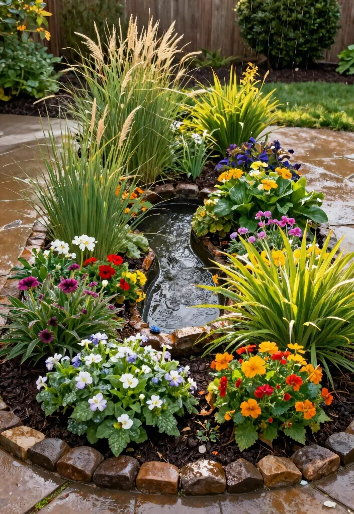 16 Front Yard No Grass Landscaping Ideas With Modern Appeal - 8. Rain Gardens for Sustainable Water Management 1