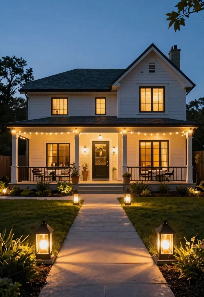 17 Contemporary Farmhouse Exterior Ideas With Modern Edge - 10. Artistic Outdoor Lighting 1