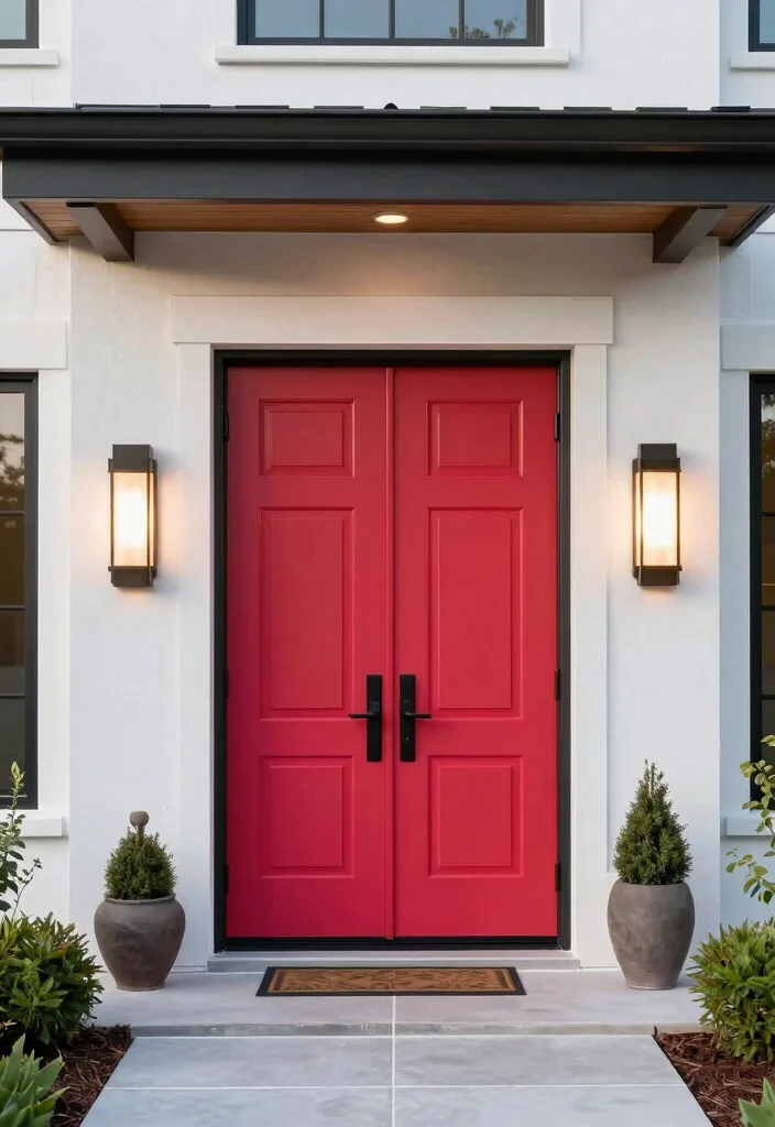 17 Contemporary Farmhouse Exterior Ideas With Modern Edge - 14. Dramatic Entryways 1