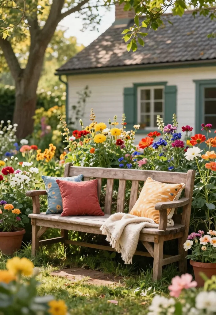 17 Cottage Landscaping Front Yard Ideas With Storybook Charm - 14. Rustic Bench Seating 1