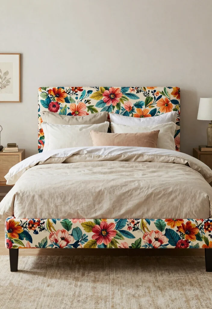 17 Farmhouse Bed Frame Ideas With Rustic Elegance - 16. Bold Patterned Frame 1