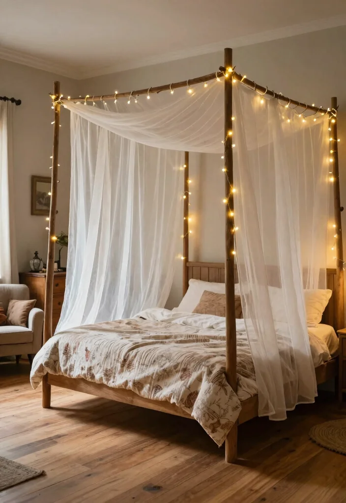 17 Farmhouse Bed Frame Ideas With Rustic Elegance - 2. Rustic Canopy Frame 1