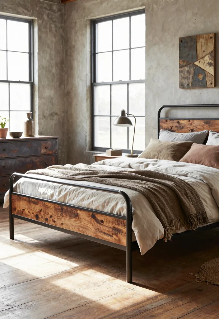 17 Farmhouse Bed Frame Ideas With Rustic Elegance - 3. Industrial Farmhouse Blend 1