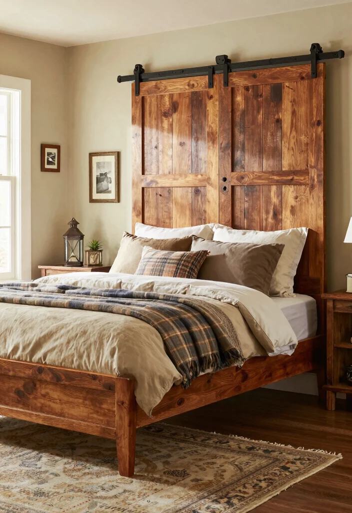 17 Farmhouse Bed Frame Ideas With Rustic Elegance - 4. Vintage Barn Door Frame 1