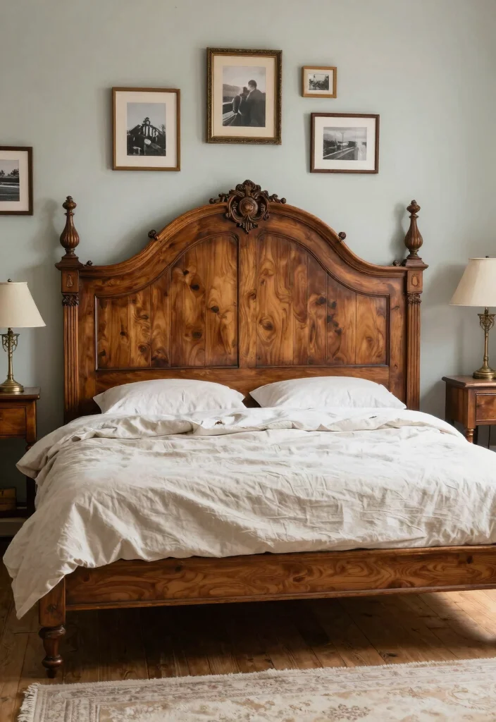 17 Farmhouse Bed Frame Ideas With Rustic Elegance - 7. Vintage Headboard Frame 1