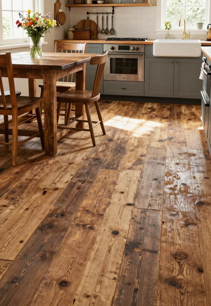 17 Farmhouse Kitchen Flooring Ideas With Natural Texture - 1. Reclaimed Barn Wood Planks 1