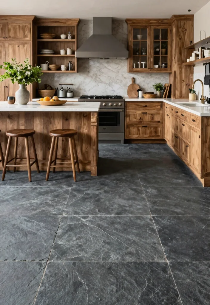 17 Farmhouse Kitchen Flooring Ideas With Natural Texture - 13. Slate Flooring for a Sophisticated Touch 1