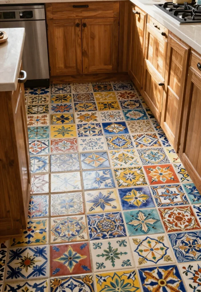17 Farmhouse Kitchen Flooring Ideas With Natural Texture - 14. Hand-Painted Tiles for a Personal Touch 1
