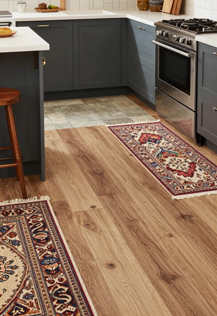 17 Farmhouse Kitchen Flooring Ideas With Natural Texture - 15. Mixed Material Flooring 1