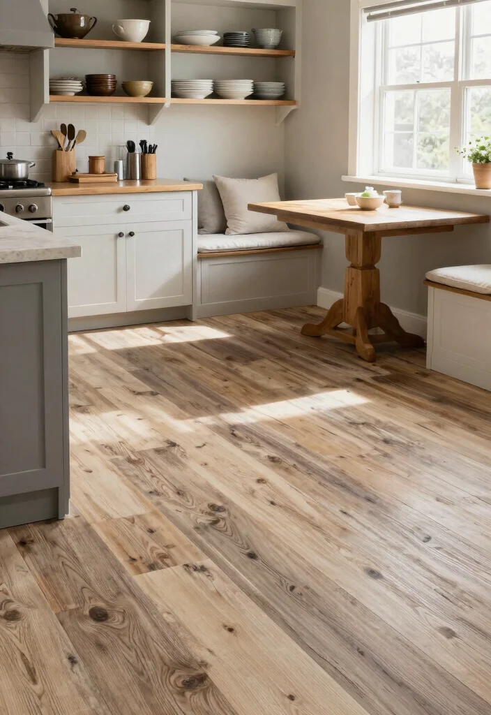 17 Farmhouse Kitchen Flooring Ideas With Natural Texture - 2. Distressed Laminate Flooring 1
