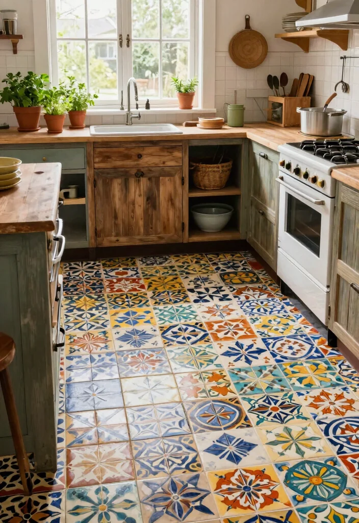 17 Farmhouse Kitchen Flooring Ideas With Natural Texture - 5. Vintage-Inspired Tile 1