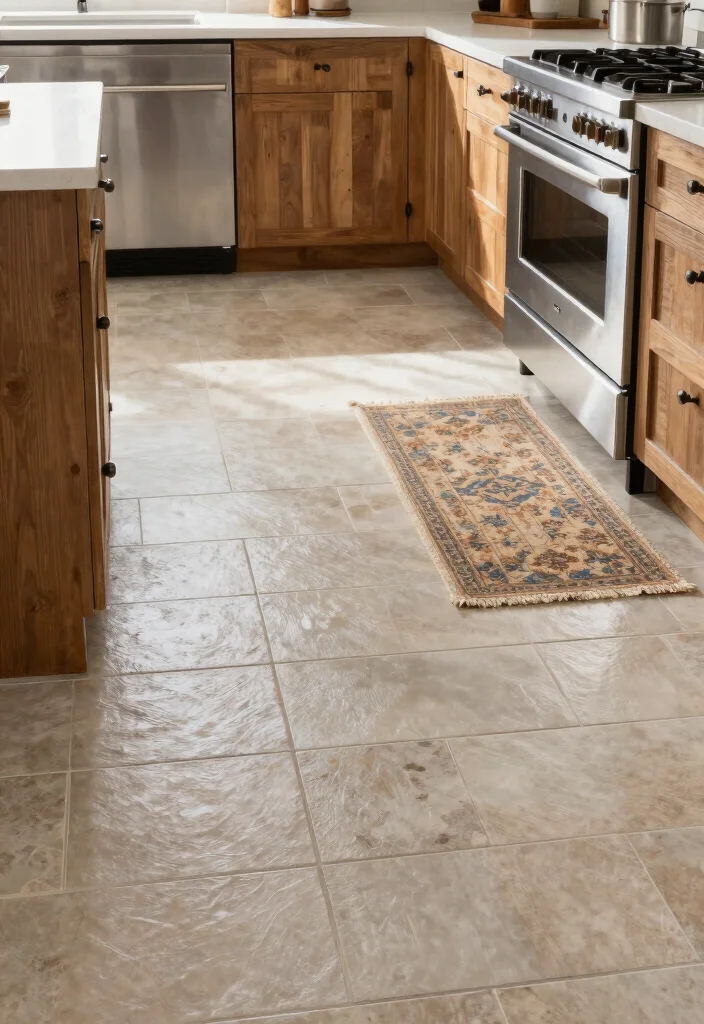 17 Farmhouse Kitchen Flooring Ideas With Natural Texture - 8. Porcelain Farmhouse Tiles 1
