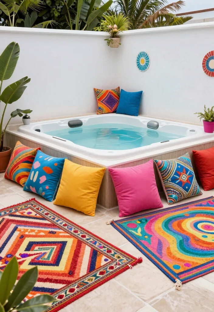 17 Jacuzzi on Terrace Ideas With Spa Luxury Feel - 15. Colorful Accent Pieces 1