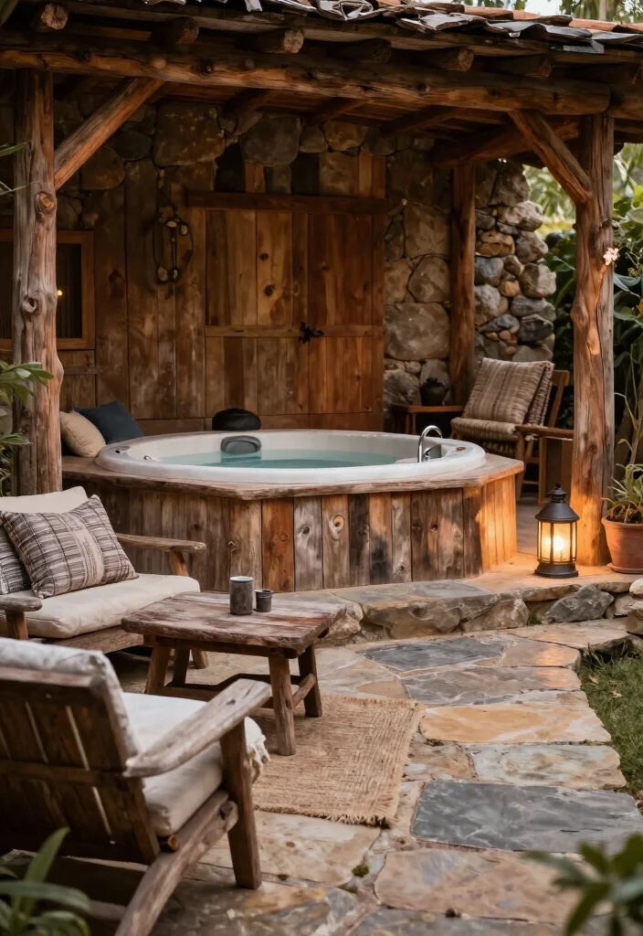 17 Jacuzzi on Terrace Ideas With Spa Luxury Feel - 3. Rustic Charm with Natural Elements 1