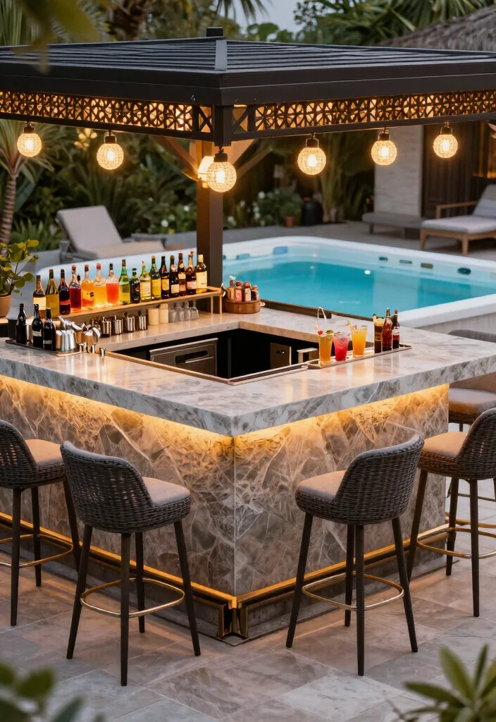 17 Jacuzzi on Terrace Ideas With Spa Luxury Feel - 9. Stylish Outdoor Bar and Jacuzzi 1