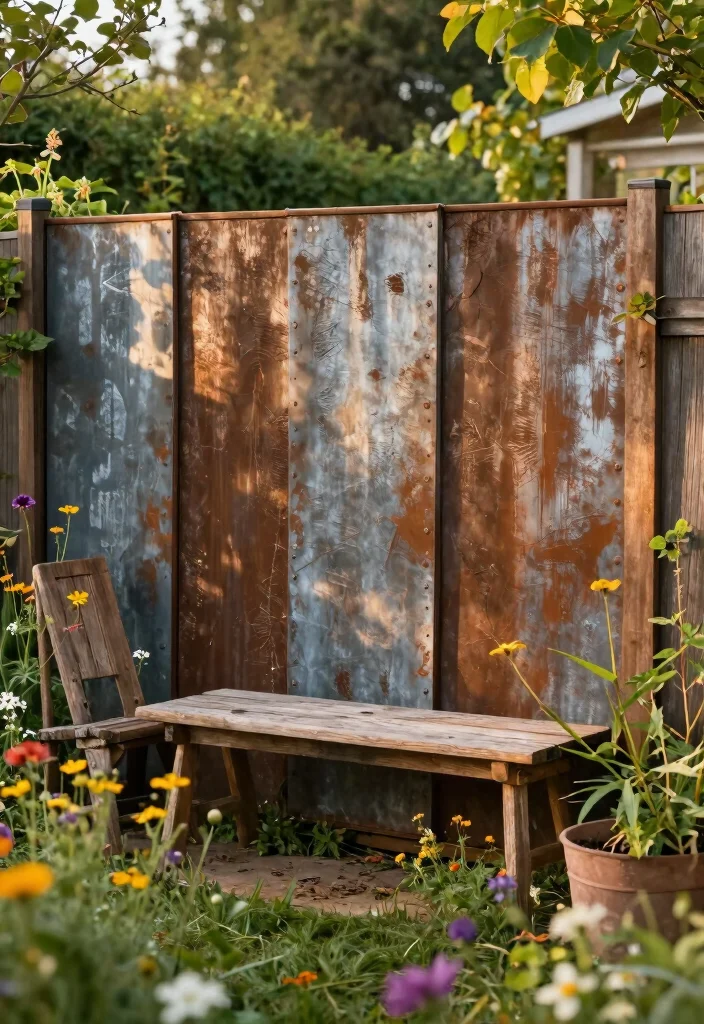 17 Metal Panel Fence Ideas With Contemporary Style - 3. Rustic Metal Accents 1
