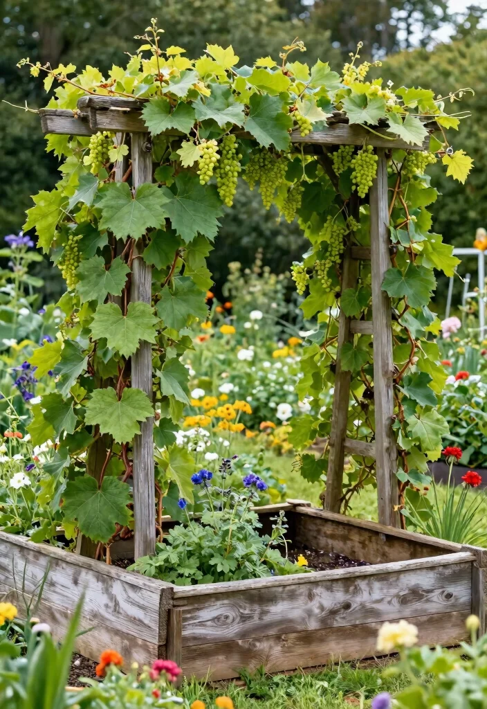 17 Muscadine Trellis Ideas With Rustic Vineyard Vibes - 8. The Rustic Raised Bed Trellis 1