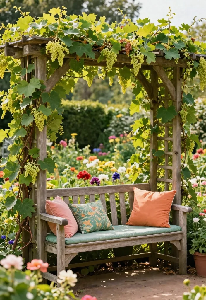 17 Muscadine Trellis Ideas With Rustic Vineyard Vibes - 9. A Trellis with Garden Seating 1