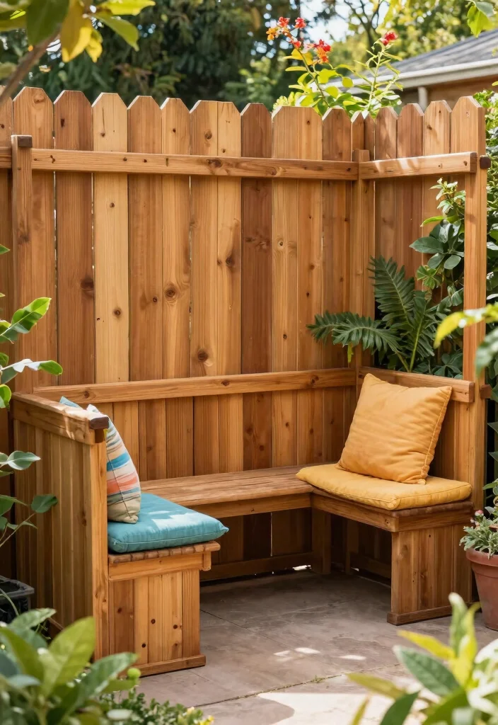 18 Cedar Fence Ideas With Classic Warm Tone - 15. Cedar Fence with Integrated Seating 1