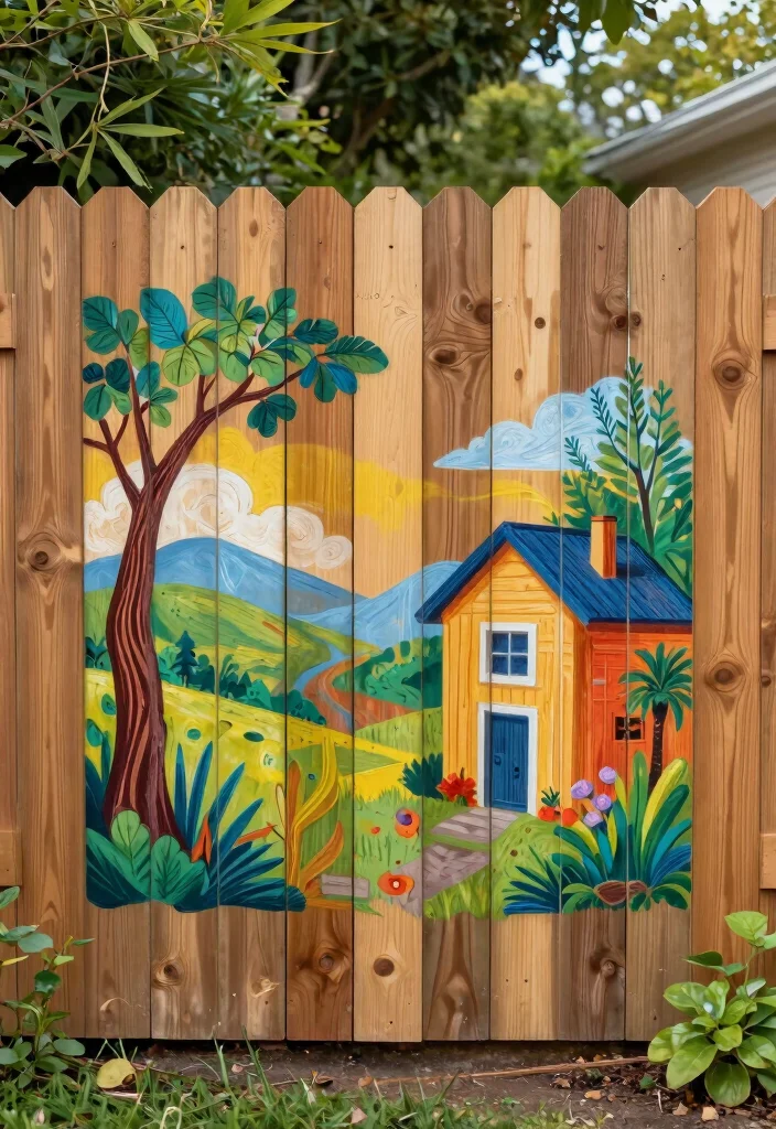 18 Cedar Fence Ideas With Classic Warm Tone - 16. Cedar Fence with Custom Artwork 1