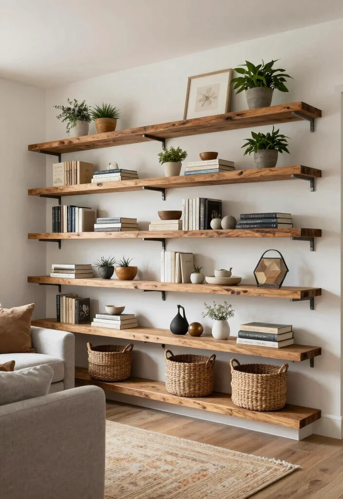 18 Modern Farmhouse Living Room Ideas With Warm Minimal Vibes 7 18 Modern Farmhouse Living Room Ideas With Warm Minimal Vibes - 7. Open Shelving 1