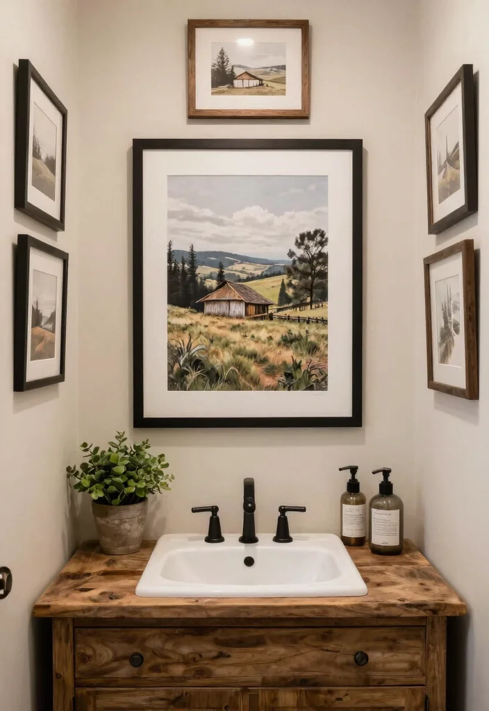18 Modern Farmhouse Powder Room Ideas With Chic Details - 10. Statement Wall Art 1