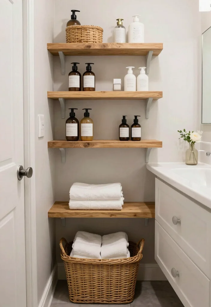 18 Modern Farmhouse Powder Room Ideas With Chic Details - 8. Creative Storage Solutions 1