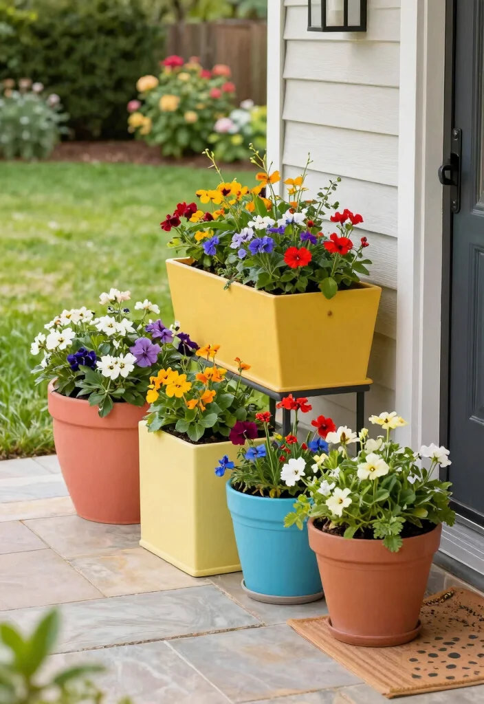 18 Planter Boxes Front Yard Ideas With Lush Layers 6 18 Planter Boxes Front Yard Ideas With Lush Layers - 6. Colorful Container Grouping 1