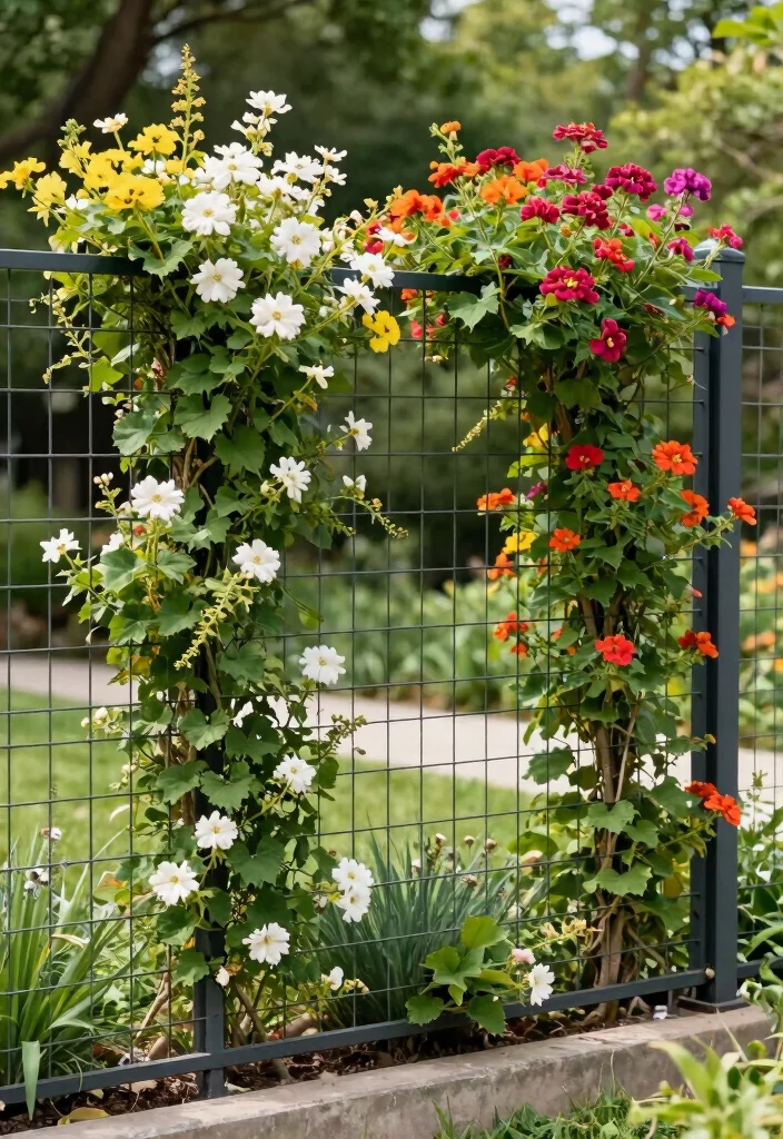 18 Small Fence Front Yard Ideas With Cute Boundaries - 4. Wire Frame Fence with Climbing Vines 1