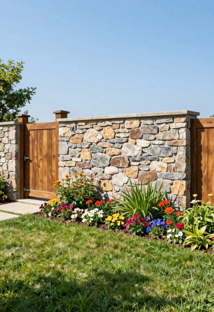 18 Small Fence Front Yard Ideas With Cute Boundaries - 6. Stone Wall with Wooden Accents 1