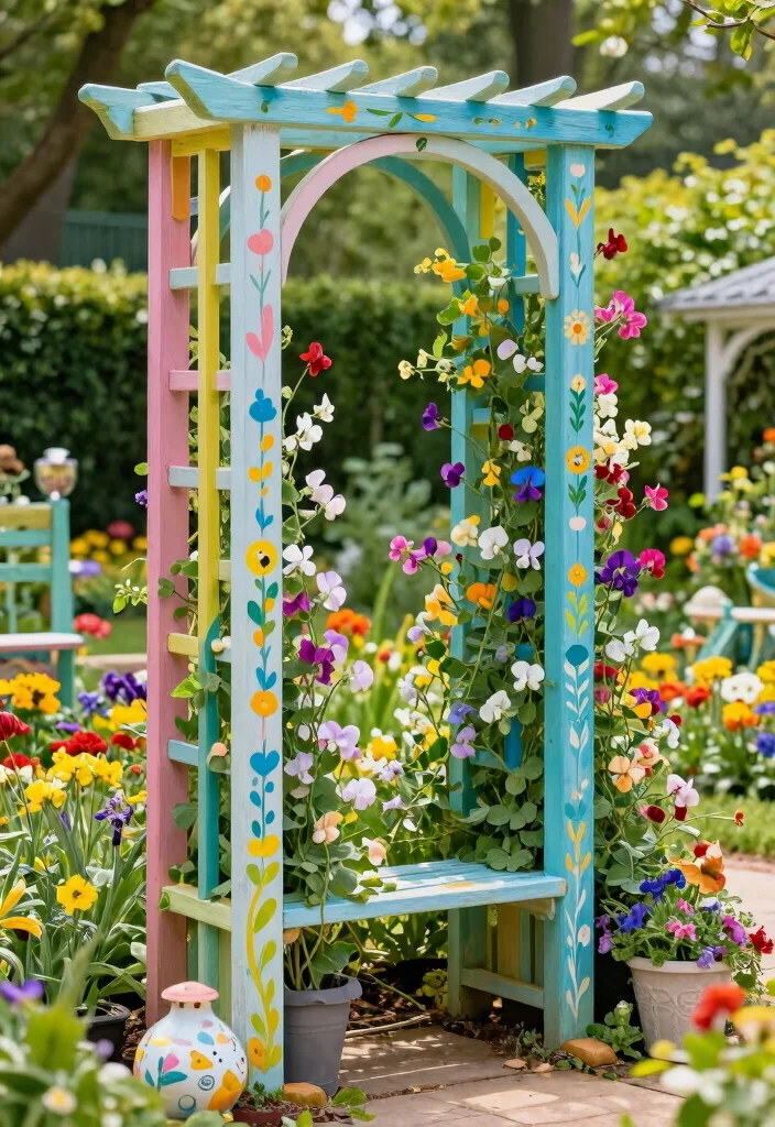 18 Sweet Pea Trellis Ideas With Romantic Garden Style - 10. Colorful Painted Trellis 1