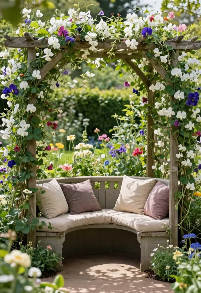 18 Sweet Pea Trellis Ideas With Romantic Garden Style - 12. Trellis with Built-in Seating 1