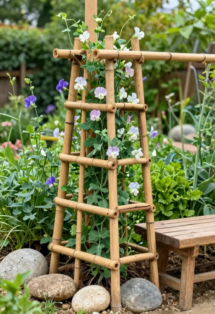 18 Sweet Pea Trellis Ideas With Romantic Garden Style - 14. DIY Bamboo Trellis 1