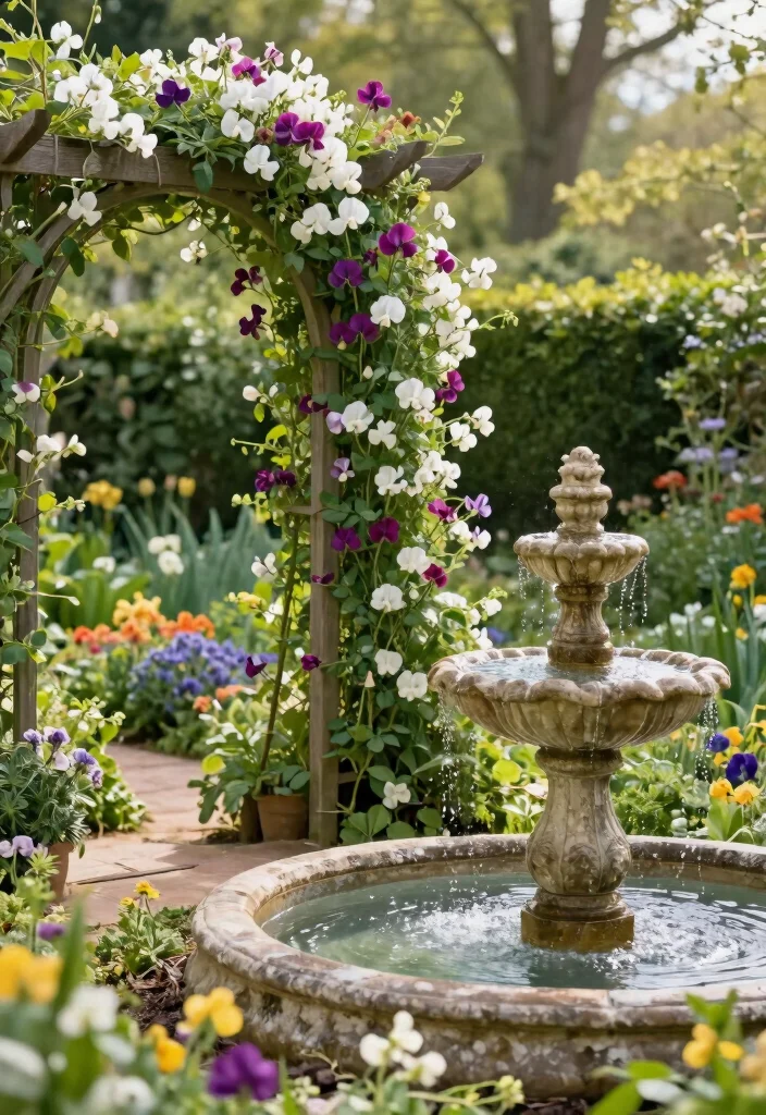 18 Sweet Pea Trellis Ideas With Romantic Garden Style - 16. Trellis with a Water Feature 1