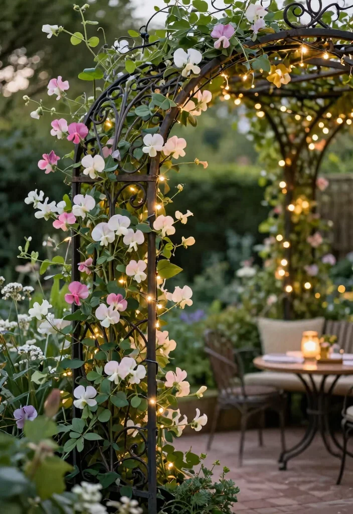 18 Sweet Pea Trellis Ideas With Romantic Garden Style - 2. Charming Wrought Iron Trellis 1