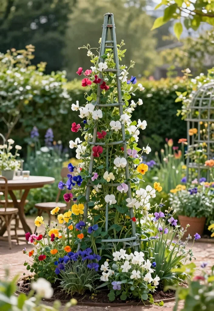 18 Sweet Pea Trellis Ideas With Romantic Garden Style - 5. Garden Obelisk Trellis 1