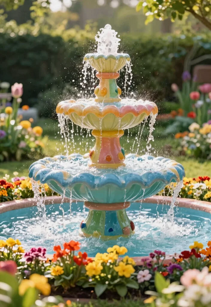 18 Whimsical Front Yard Ideas With Playful Details 14 18 Whimsical Front Yard Ideas With Playful Details - 14. Colorful Garden Fountains 1