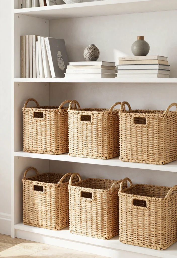 12 Bookshelf Decoration Ideas That Don't Collect Dust - 3. Use Baskets for Storage 1