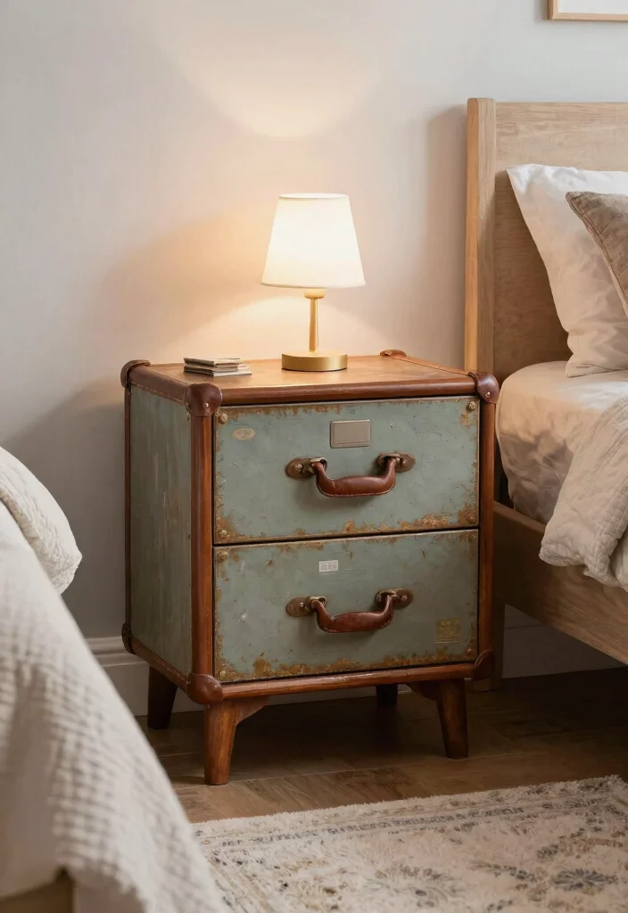 12 Guest Room Nightstand Ideas for Tight Spaces and No Outlets - 2. Vintage Suitcase Storage 1
