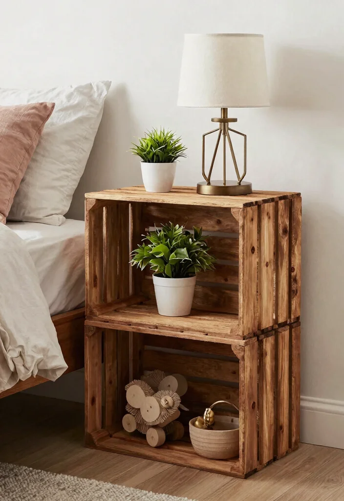 12 Guest Room Nightstand Ideas for Tight Spaces and No Outlets - 4. Repurposed Crate Nightstand 1