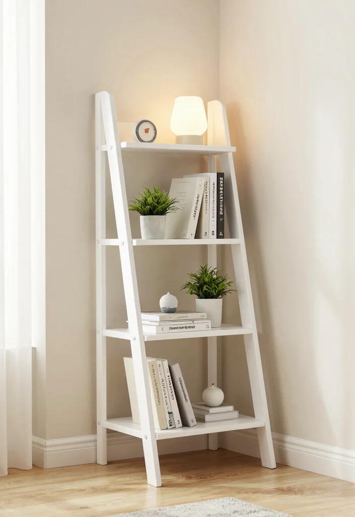 12 Guest Room Nightstand Ideas for Tight Spaces and No Outlets - 6. Ladder Shelf Nightstand 1