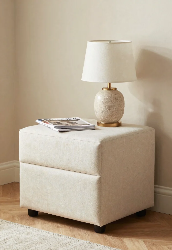 12 Guest Room Nightstand Ideas for Tight Spaces and No Outlets - 7. Storage Ottoman Nightstand 1