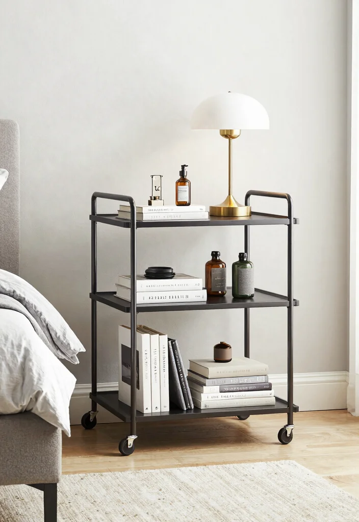 12 Guest Room Nightstand Ideas for Tight Spaces and No Outlets - 9. Bedside Table Trolley 1