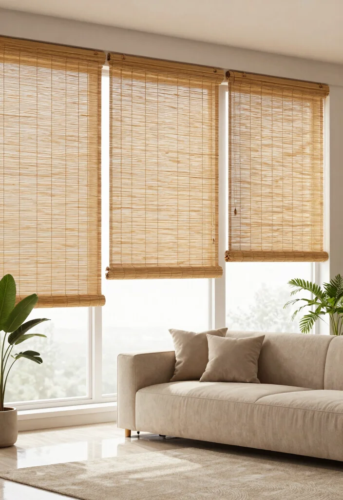 12 Minimalist Curtains Living Room Designs That Block Light - 2. Bamboo Shades for Natural Vibes 1