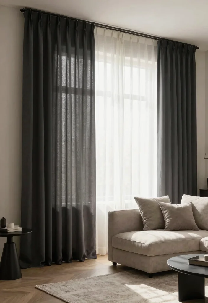 12 Minimalist Curtains Living Room Designs That Block Light - 3. Sheer Curtains with Blackout Underlayer 1