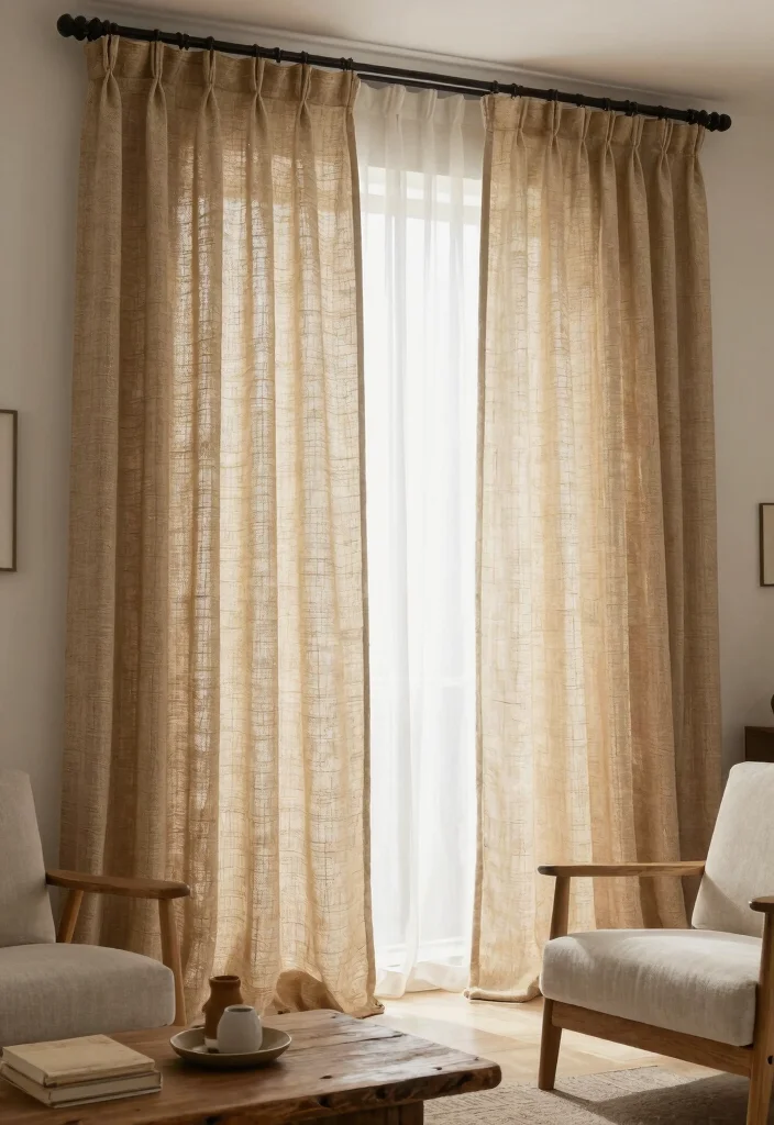 12 Minimalist Curtains Living Room Designs That Block Light - 8. Layered Textures with Jute and Cotton 1
