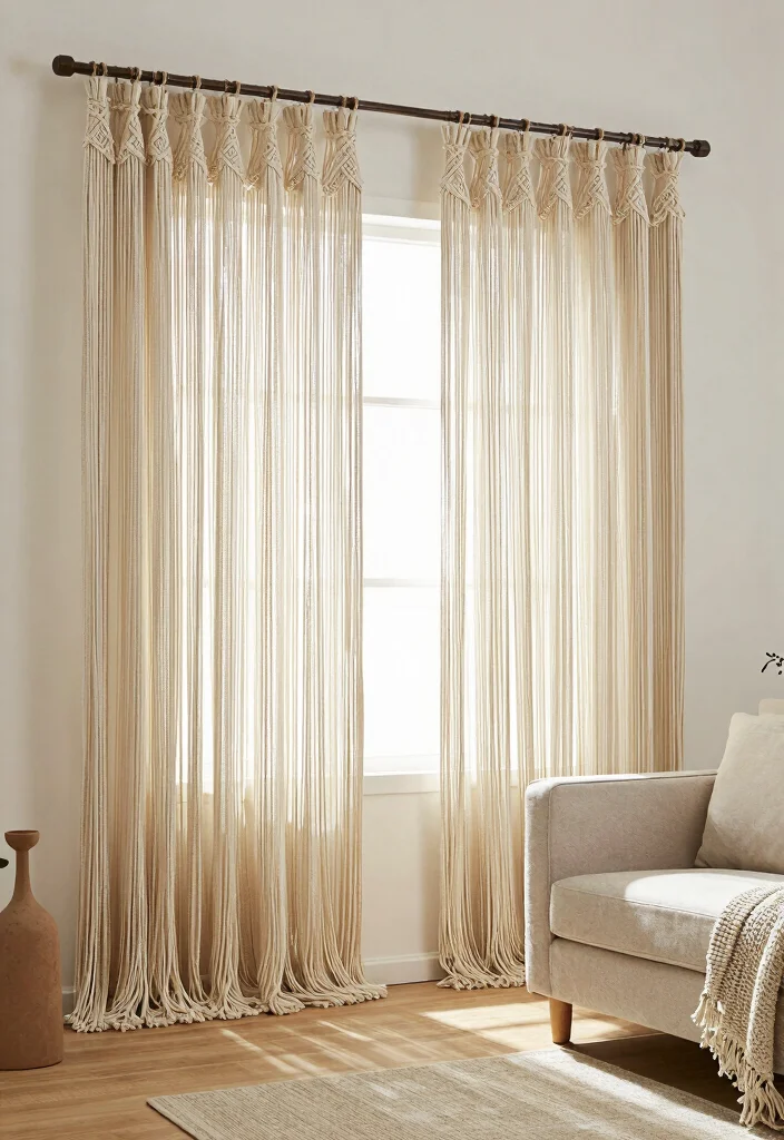 12 Modern Living Room Curtains for Minimalist Spaces - 11. Fringed Macrame Curtains 1