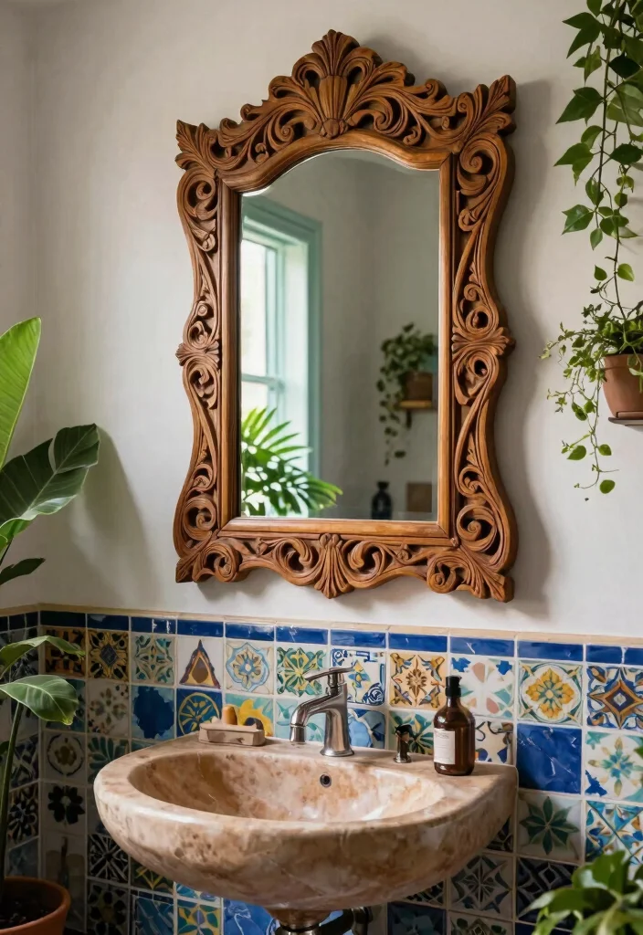 12 Wood Bathroom Mirror Ideas That Resist Humidity Warping - 12. Artistic Carved Wood Mirror 1