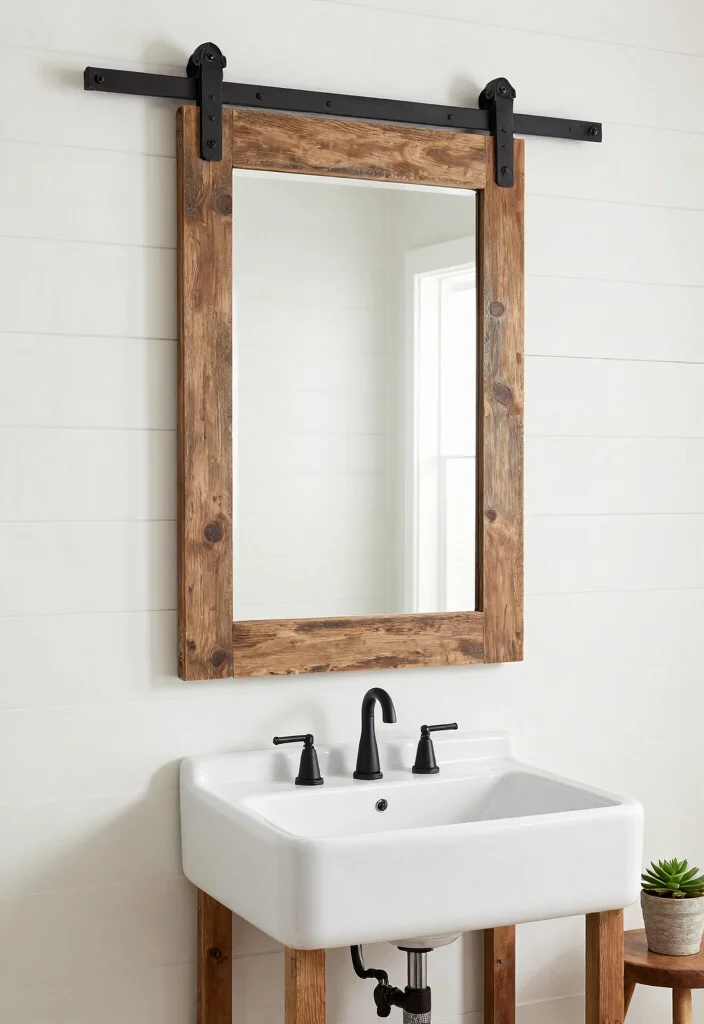 12 Wood Bathroom Mirror Ideas That Resist Humidity Warping - 3. Vintage Barn Door Mirror 1