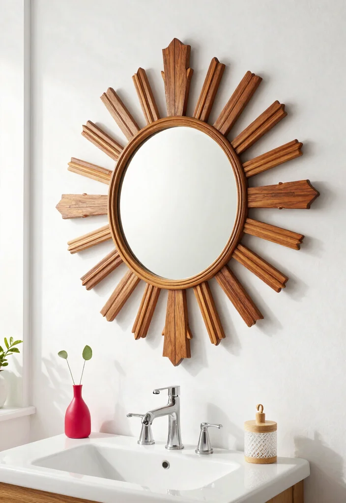 12 Wood Bathroom Mirror Ideas That Resist Humidity Warping - 8. Vintage Sunburst Mirror 1